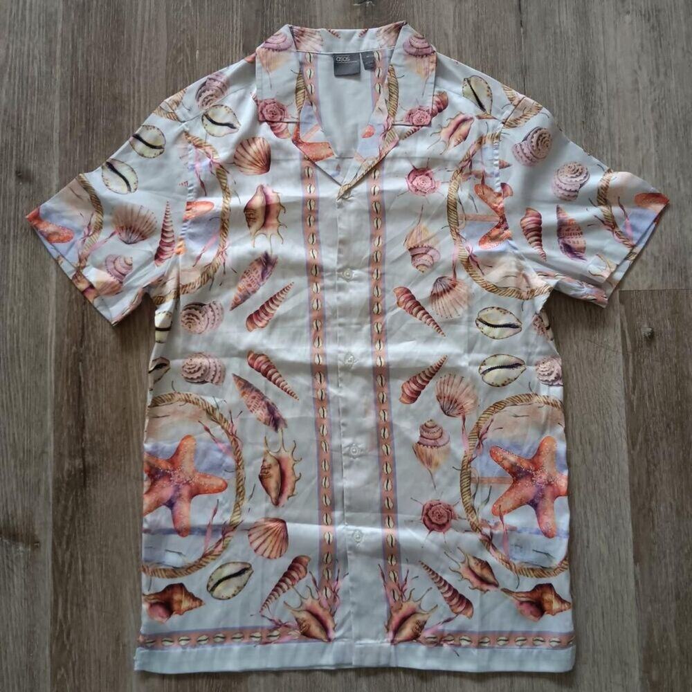 Asos Mens casual dress Shirt medium Button up short sleeve seashell party retro